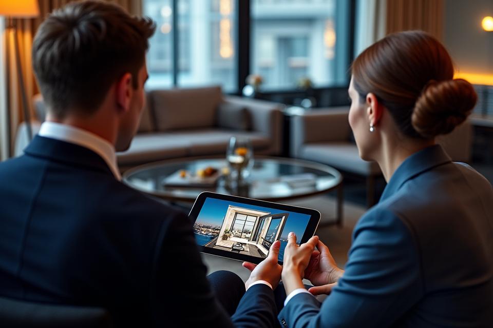 Couple discussing apartment layout on a tablet with a consultant in a luxurious Manhattan apartment showroom