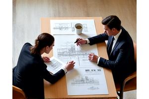 Two professionals discussing charts and documents, representing a needs assessment.