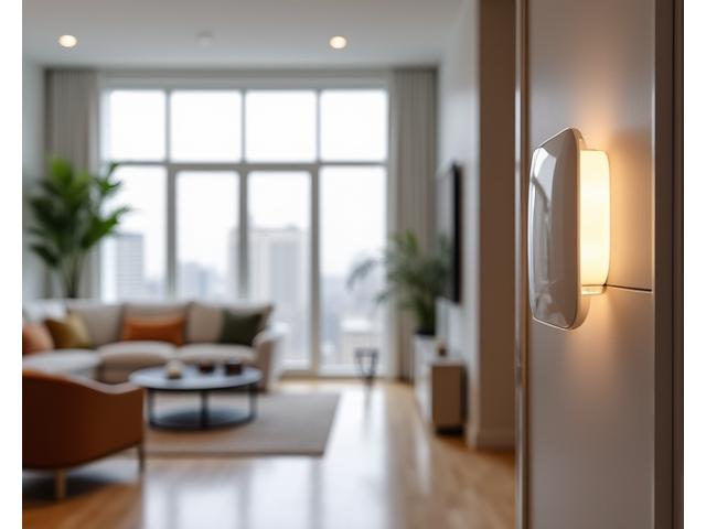 Modern living room with smart thermostat and energy-efficient lighting