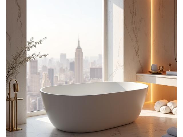 Serene spa bathroom with elegant fixtures and natural light
