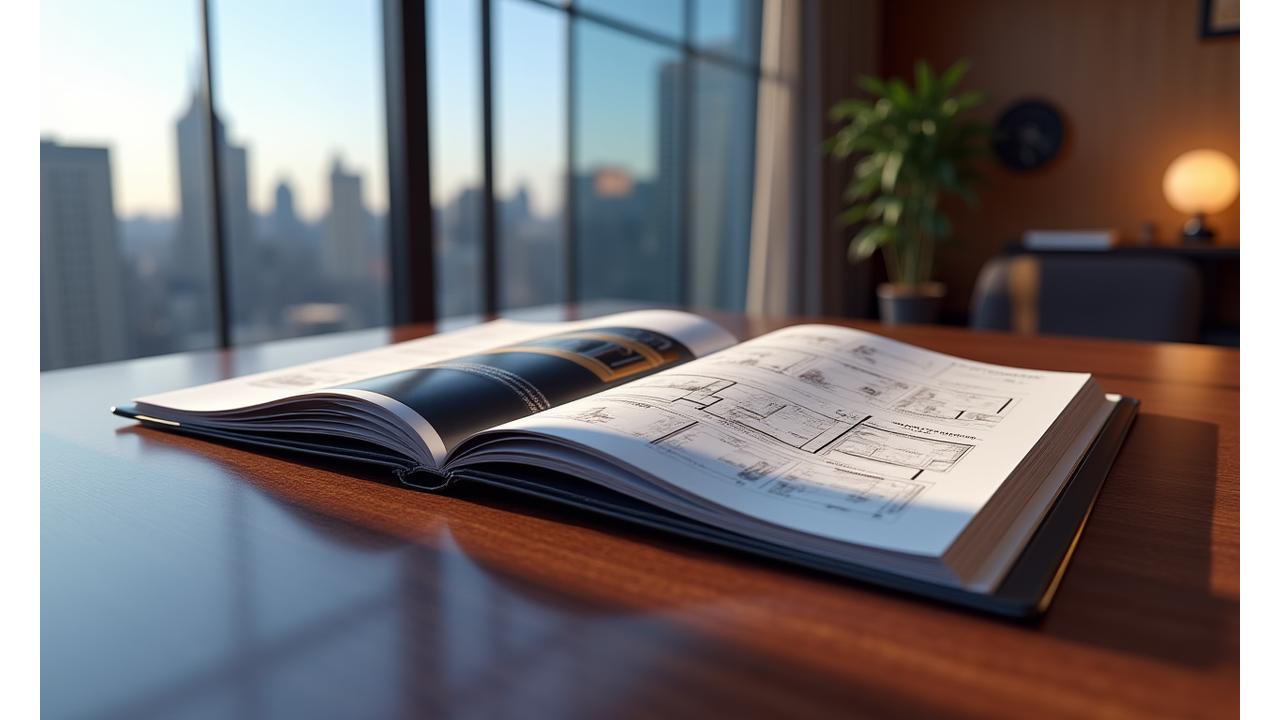Digital brochure preview showing upscale interior design and building facade