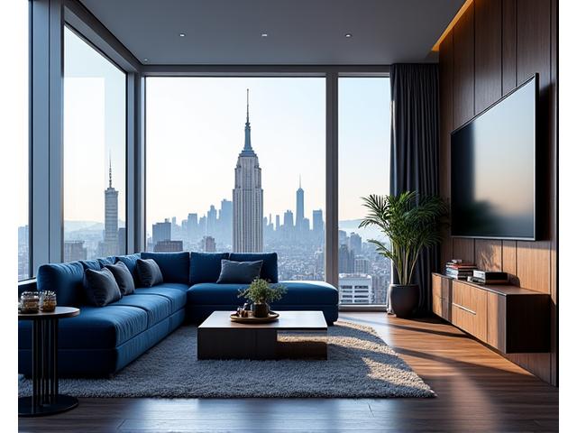 Luxurious penthouse interior with double-height ceilings, panoramic city views through floor-to-ceiling windows, and contemporary Italian furniture.