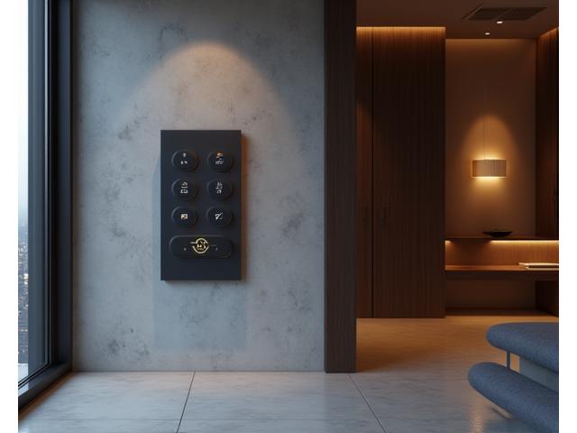 Elegant minimalist interior showcasing integrated smart home technology, with subtle ambient lighting and sleek, hidden speakers.