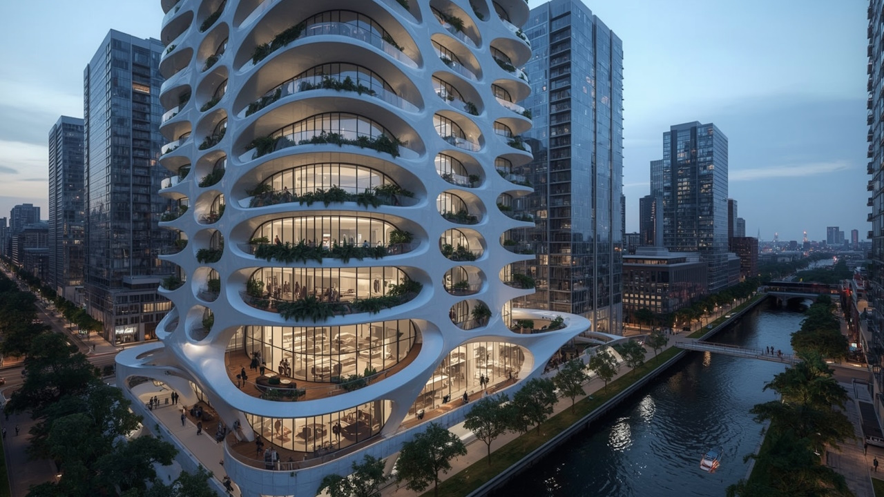 Panoramic view of the Manhattan skyline during golden hour, with a modern luxury apartment interior in the foreground, showcasing sophisticated design and city views.