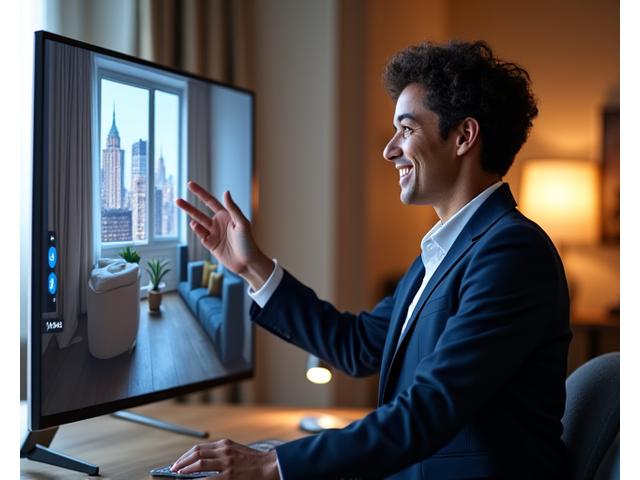 Professional conducting a virtual property tour or online consultation with an overseas client