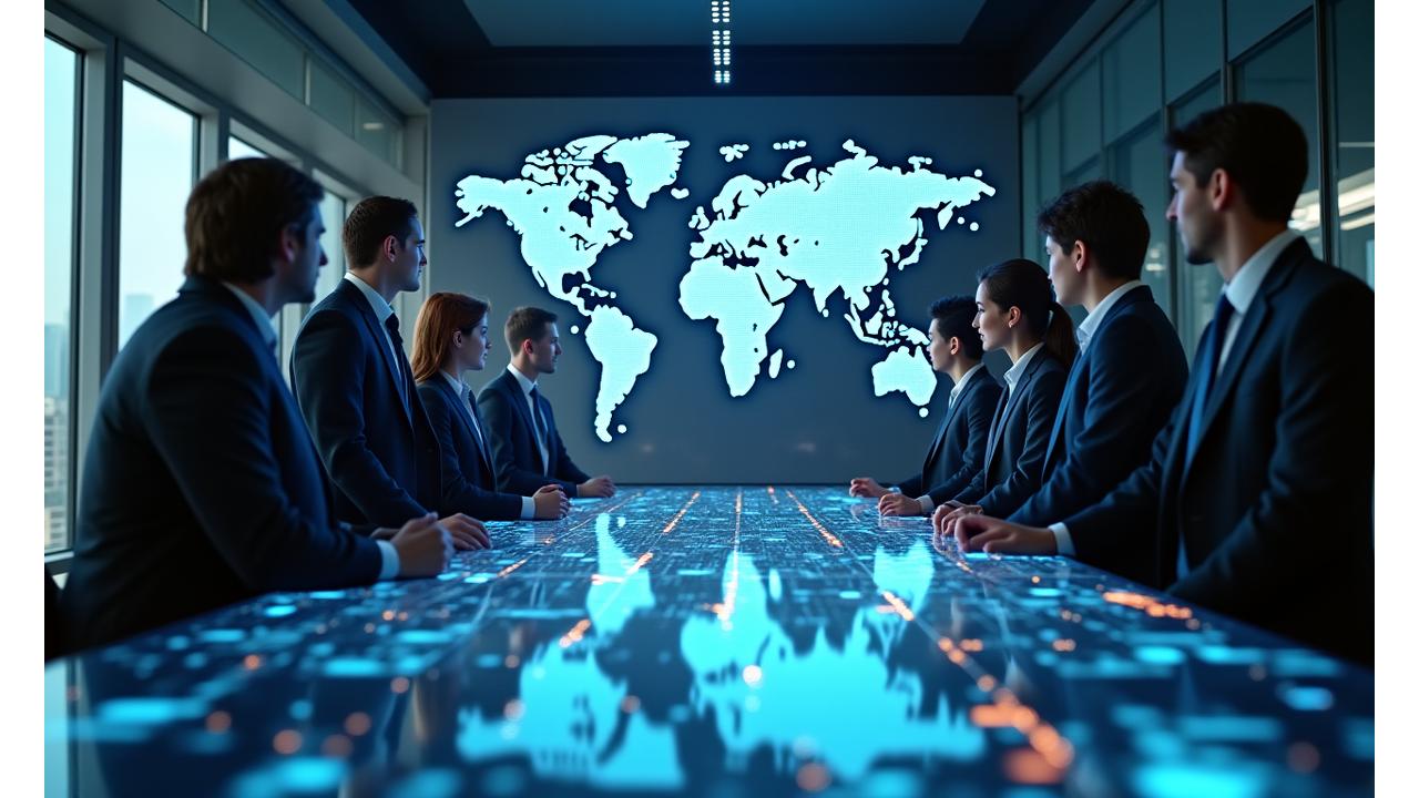 Team of diverse financial professionals reviewing investment charts with a superimposed world map, symbolizing global expertise.