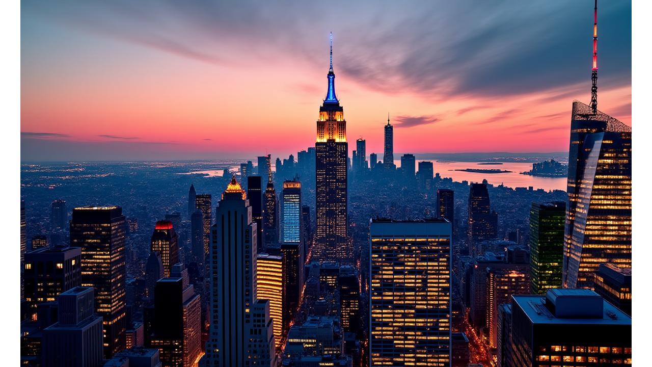 Manhattan skyline at sunset, prominent luxury residential buildings showcasing the city's investment potential.