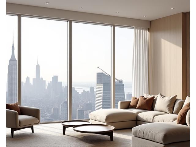 Stunning modern living room with panoramic city views in a Manhattan luxury apartment
