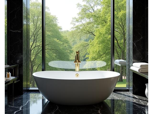 Luxurious master bathroom with free-standing tub and city skyline view through large window