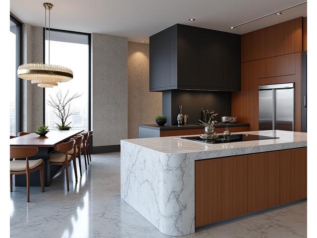 Sleek, minimalist kitchen with high-end appliances and marble countertops in a luxury NYC apartment