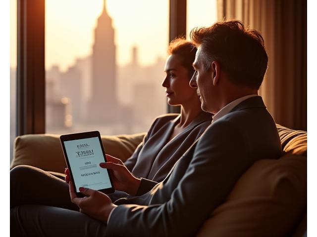 Young couple taking a lifestyle quiz on a tablet, with a Manhattan skyline in the background.