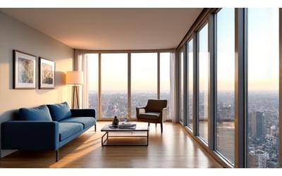 Interior rendering of a spacious one-bedroom apartment living room, with natural light and minimalist modern furniture.
