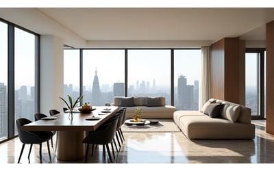 Interior rendering of an expansive three-bedroom apartment, showing open concept living and dining with luxury finishes and Manhattan skyline views.