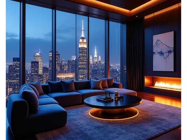 Ultra-luxury Manhattan penthouse interior, showing a spacious living room with floor-to-ceiling windows overlooking the city skyline at night, exquisite finishes.
