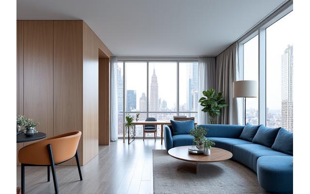 Modern, open-plan apartment interior with movable walls for flexible customization