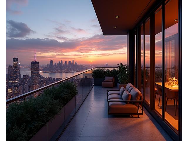 Panoramic view from a luxury Manhattan penthouse with skyline and river