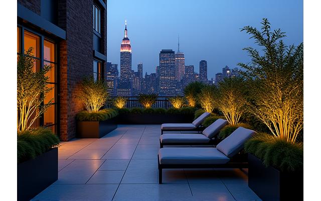 Lush private terrace garden with outdoor seating overlooking Manhattan skyline at dusk