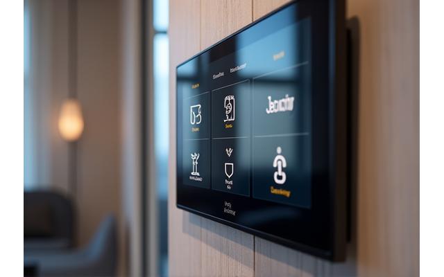 Sleek smart home control panel displaying integrated systems like lighting, climate, and security