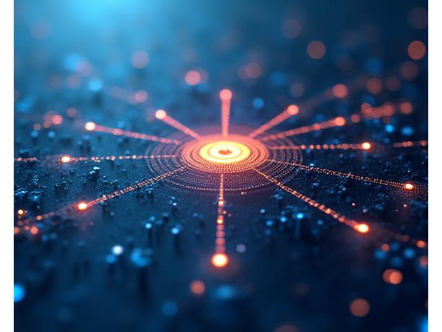 Illustration of a secure digital network with encrypted data flowing, depicted with abstract geometric shapes and subtle glowing lines in brand colors.