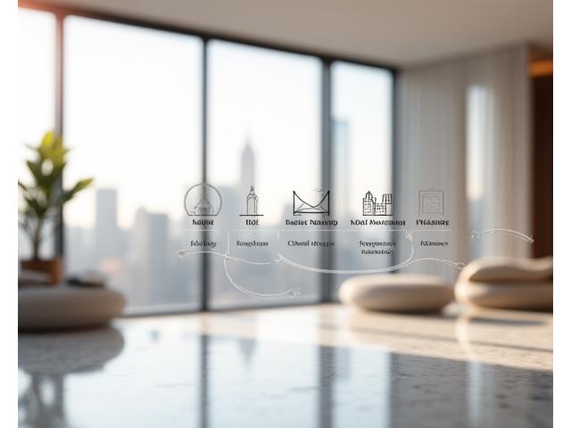 Modern luxury apartment interior with timeline graphics overlaid, representing a clear buying process
