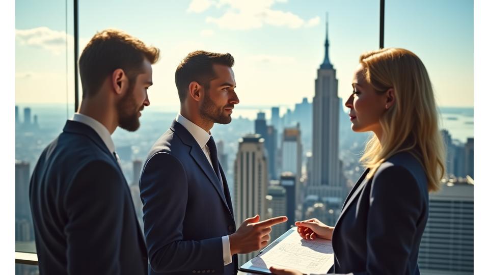 Macleod House real estate experts discussing blueprints in a modern, luxury setting