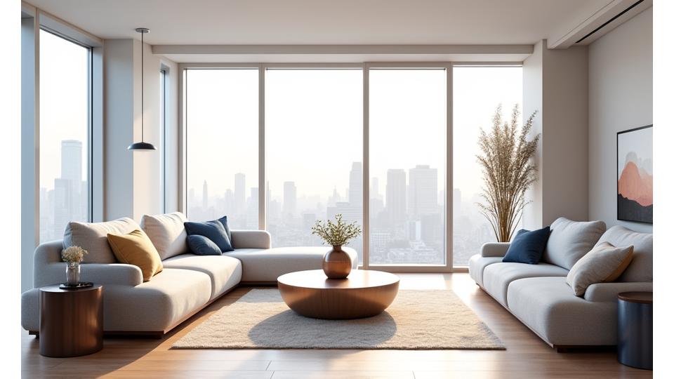 Spacious, well-lit living room of a luxury apartment with a large window overlooking NYC skyline, ready for a viewing