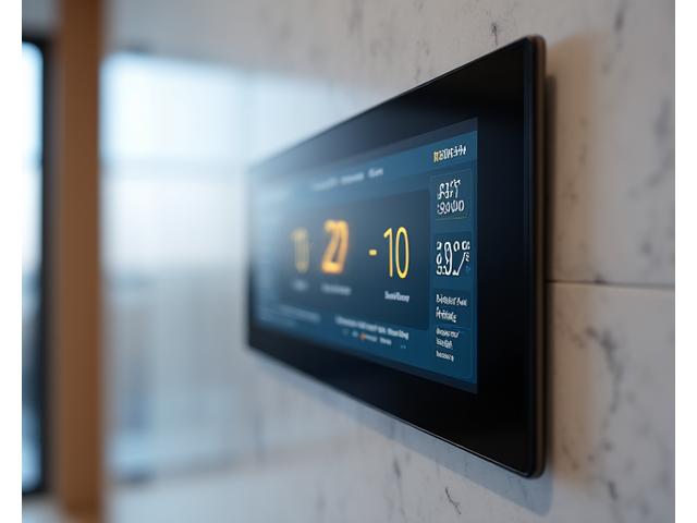 Close-up of a designer smart home control panel displaying energy metrics and climate settings