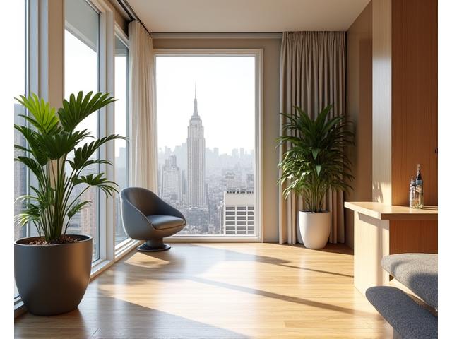 Modern luxury apartment interior with natural light and sustainable materials